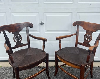 A  Rare Pair of Antique Affordable Sea Grass/Rush Seats w/ Beautiful very Unique Hand Carved Floral Bouquet Backrest Armchairs Sold Together