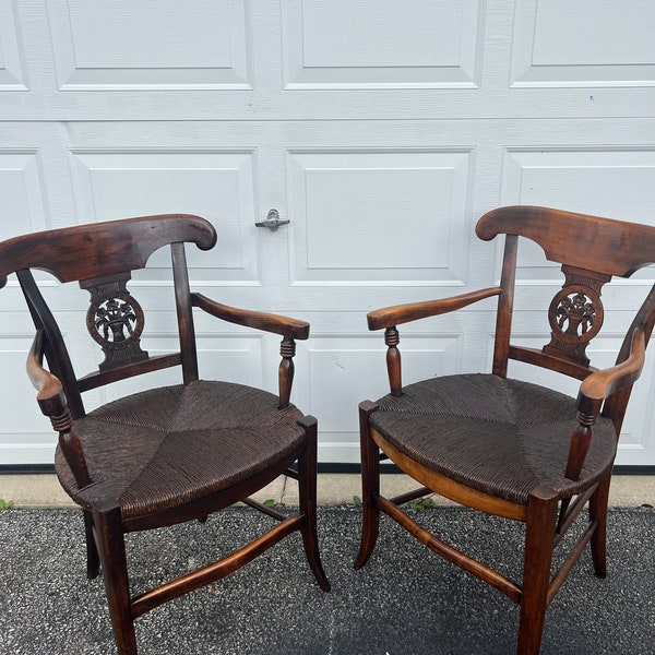 A  Rare Pair of Antique Affordable Sea Grass/Rush Seats w/ Beautiful very Unique Hand Carved Floral Bouquet Backrest Armchairs Sold Together