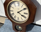 A Beautiful Vintage Mid Century Modern Working Elgin Quartz Wall Clock w Westminster Chime Hexagonal Sided Wood Casing Battery Operated