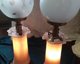Rare 3 Way Switch Antique Glass w/ Elaborate Floral Details Ruffled Top Bronze Bases Round Frosted Glass Shade n Chimneys Parlor Table Lamps
