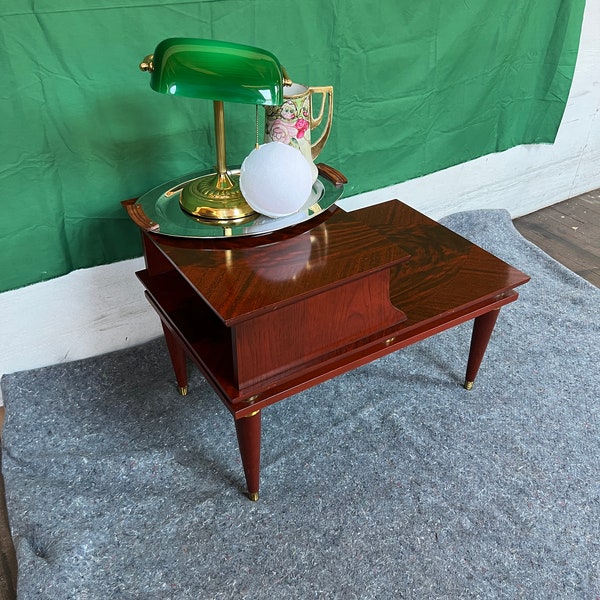 A One-of-a-Kind Mid Century Modern 2 Tier Side/End Table or Nightstand Beautiful Burgundy n Black Concentric Circles w/ Brass Cupped Legs