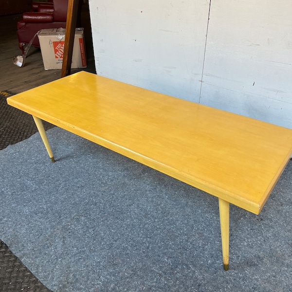 61" Wide Affordable Drexel Style Mid Century Modern Vintage Solid Very Thick Wood Plank Mustard Coffee Table w/ Tapered Legs n Brass Aprons