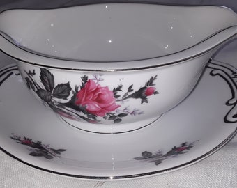 Vintage Royal Rose Gravy Boat: Gold Coast Fine China with Platinum Trim