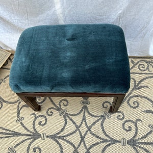 Rare Vintage Mahogany Rectangular Henredon Ottoman/Stool/Bench Newly Reupholstered w/ Green Grayish Velvet Fabric w/ an "H" Base Support