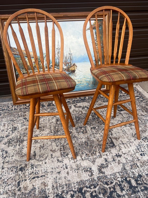 Vintage Plaid Swivel Bar Stool: Light Oak Windsor Arrow Back - Etsy