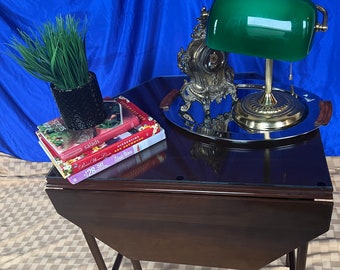 A Very Unique Vintage Mahogany Ethan Allen Octagon Drop Leaf 1 Drawer w/ Hexagonal Glass Top Folio Gate Leg End/Side Table Long Center