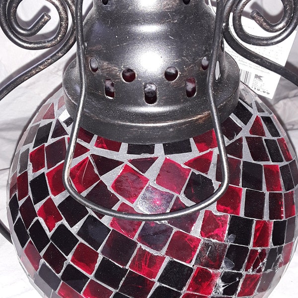 A Gorgeous Vintage Large Moroccan/Turkish Lantern Black Red & White Mosaic Hang or Stand Candle Holder w/ Hand Cut Glass n Hand Applied