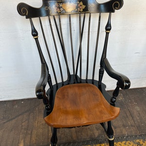 Vintage Ethan Allen Captain&#39;s Armchair: Black & Gold Floral Hand-Painted Maple