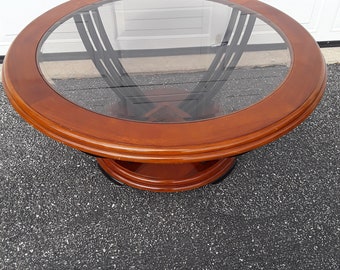 PRICE CUT NOW!!! A Rare Find 1970s Gorgeous Oriental Round Maple Vintage Very Heavy Wood & Black Metal Base w/ Smokey Glass Top Coffee Table
