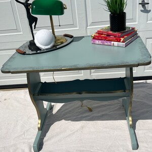 Vintage Bluish Green Kitchen Table: Gilt H Base with Storage