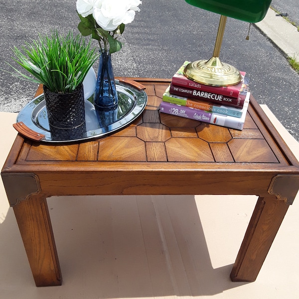 Rare Large Heavy Hand Made Vintage Centurian Parquetry Like Tiger Oak Side/Accent/End Table w/ Star Like Decorations Tray Top Brass Straps