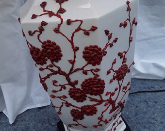 A MAGNIFICENT One-of-a-Kind Vintage Chinese Porcelain Hexagonal White Body n Very Unique Red Floral Decorations Tall Urn/Jar/Vase Table Lamp