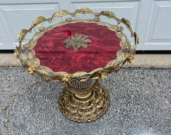 A RARE Art Deco Art Nouveau Round Side Table w/ 3 Candelabra Lights, Glass Top & Crushed Red Velvet, Hanging Crystals n Brass