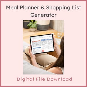 May include: A digital tablet displaying a Meal Planner & Shopping List Generator spreadsheet. The screen shows a grid layout with columns for days of the week, meal categories, and shopping items, featuring a red circular stamp icon on the interface.