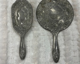 Vintage Silver Plate Hair Brush and Hand Held Mirror Vanity Set