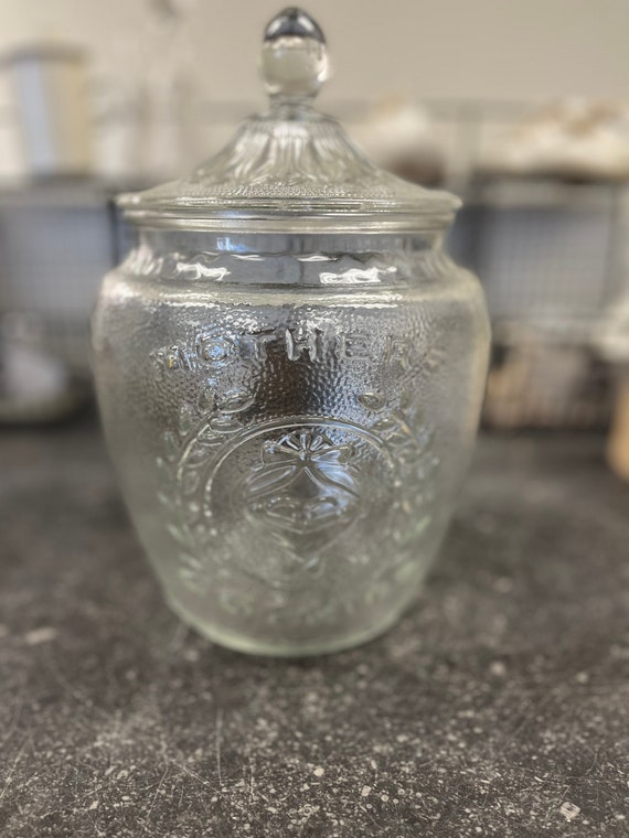 Vintage Clear Glass Mothers Cookie Jar W/ Lid 