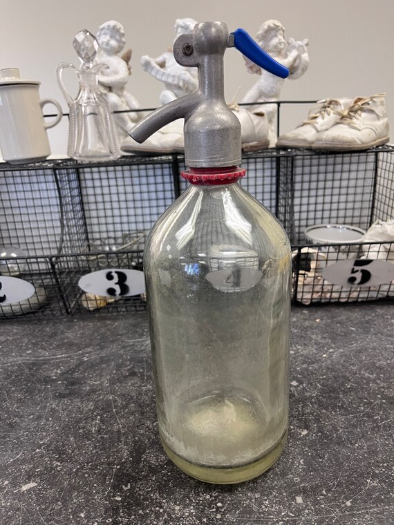 Vintage Soda Siphon, Seltzer Embossed Clear Glass Bottle, Siphon for