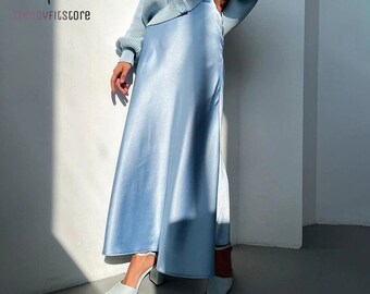 Long High Waist Satin Silk Skirt, Elegant Office Lady Skirt, Women's Fashion