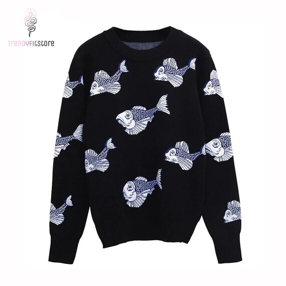 Vintage Fish Sweater Knitted Fish Cartoon Harajuku Pullover Etsy