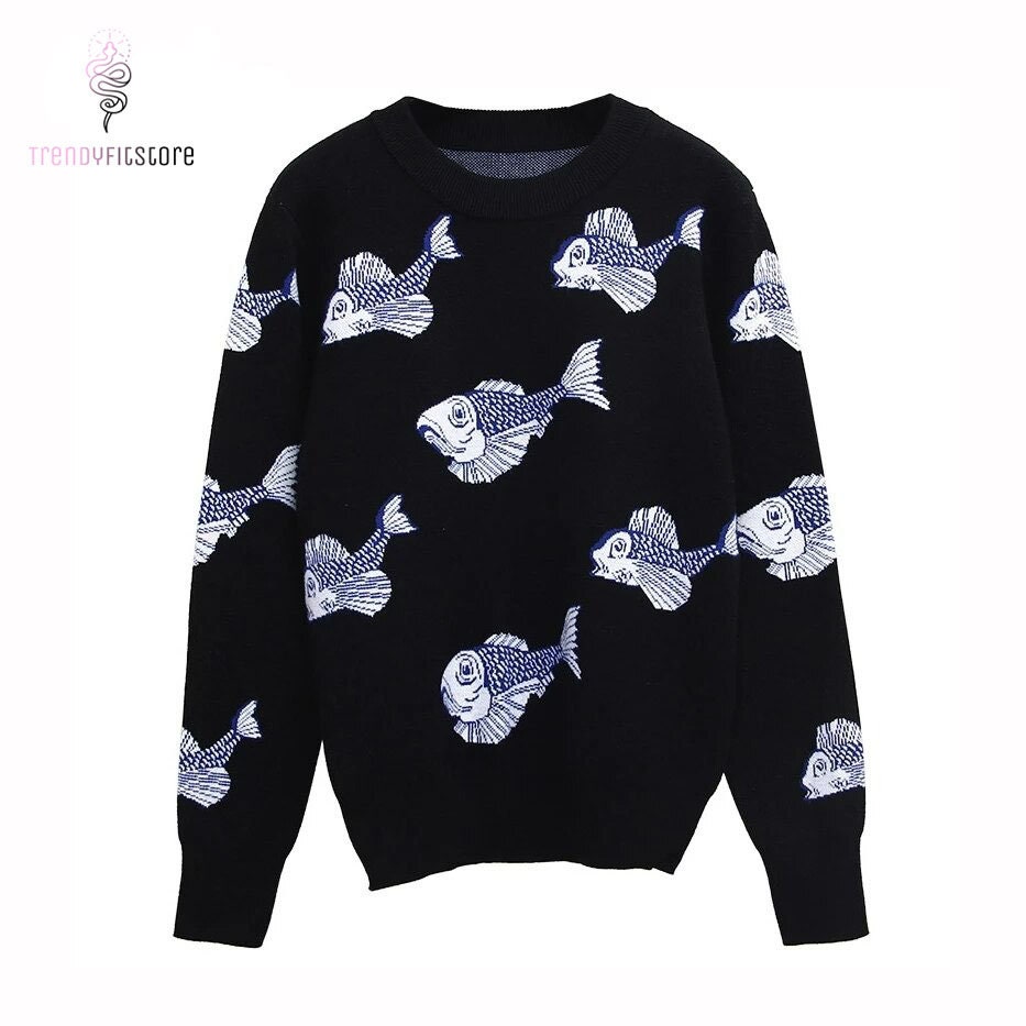 Vintage Fish Sweater Knitted Fish Cartoon Harajuku Pullover - Etsy