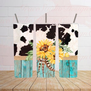 Black Cow Print with Rustic Teal Wood with Sunflower and Burlap 20 Oz Sublimation design *Digital Download Only*