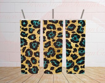 Gold Teal Glitter Leopard Print 20 Oz Tumbler Sublimation Design *Digital Download Only*