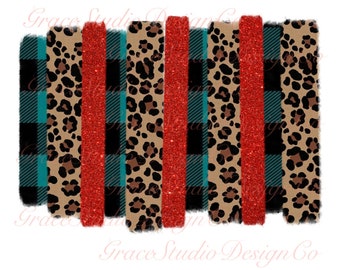 Green Plaid Leopard Print Red Glitter Brush Stroke Sublimation Design *Digital Download Only*