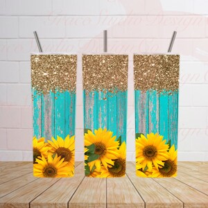 Sunflower Gold Glitter Rustic Teal Wood 20 Oz Tumbler Sublimation Design *Digital Download Only*
