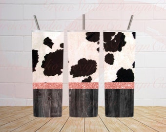 Black Cow Print Rustic Wood Pink Glitter 20 Oz tumbler sublimation design *Digital Download Only*