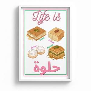 Arabic Kitchen Print | Middle Eastern Dessert Poster | Digital Download | Life Is Sweet | Knafeh & Baklava