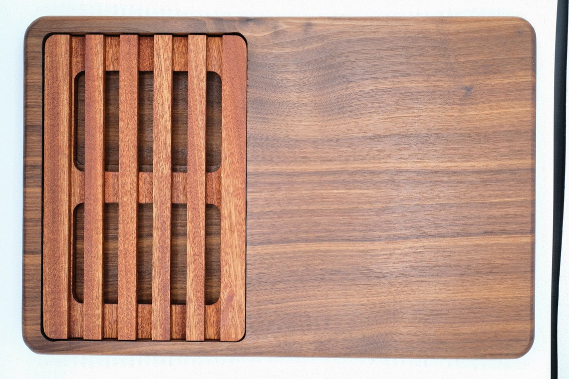 Walnut bread cutting board with sapele crumb catcher insert Etsy