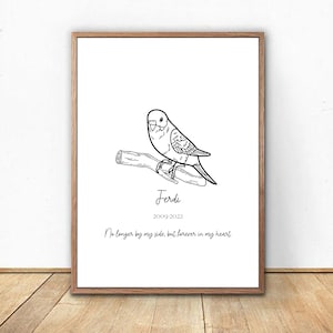 May include: Black and white line drawing of a parakeet perched on a branch. The bird is named "Ferdi" and the dates "2009-2022" are printed below. The text "No longer by my side, but forever in my heart" is printed below the dates.