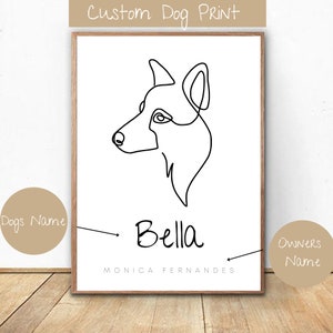 Puede incluir: Un dibujo en blanco y negro de la cabeza de un perro, con el nombre del perro "Bella" y el nombre del dueño "MONICA FERNANDES" escrito debajo.