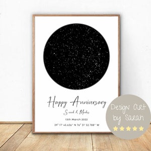 May include: A black and white star map print with the text "Happy Anniversary Sarah & Markus 13th March 2022 39° 17' 45.636" N 76° 31' 52.788" W" and the text "Design Art by Sarah" with five yellow stars below.