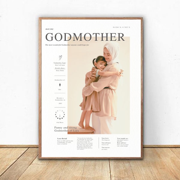 Godmother Template gift, Customisable Print for Godmother's Birthday, Vintage Picture Print of Family, Digital Download