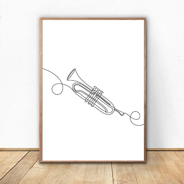 Dessin au trait de trompette, impression de trompette minimaliste, art de ligne d’instrument de musique, affiche de trompette de musique minimaliste, art de trompette