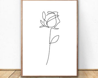 Dibujo de la línea de la rosa de la flor, Estampado minimalista de la rosa de la flor, Arte de la línea de la rosa de la flor, , Póster de flores mínimo, Arte de las flores