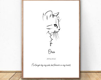 Puede incluir: Dibujo en blanco y negro de la cabeza de un gato, con el nombre "Oreo" escrito debajo. Las fechas "2001-2022" están debajo del nombre, y el texto "No longer by my side, but forever in my heart" está en la parte inferior de la imagen.