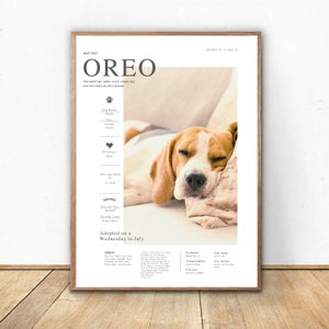 May include: A white poster with a brown wooden frame features a photo of a Beagle dog sleeping. The poster has the dog's name "OREO" in large black letters at the top and includes information about the dog, such as its breed, nickname, and when it was adopted. The text "Adopted on a Wednesday in July" is also included.