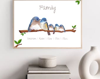 Stampa personalizzata della famiglia di uccelli, regalo di bambini e nipoti, ritratto di famiglia personalizzato, regalo per i genitori, regalo di compleanno per Nan