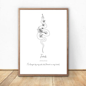 May include: A black and white line drawing of a snake with flowers on a white background. The text "Ferdi 2009-2022 No longer by my side, but forever in my heart" is below the image.