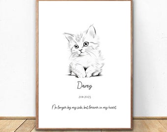 Puede incluir: Dibujo en blanco y negro de un gato llamado Davey. El dibujo está sobre un fondo blanco con el texto "Davey 2018-2023 No longer by my side, but forever in my heart."