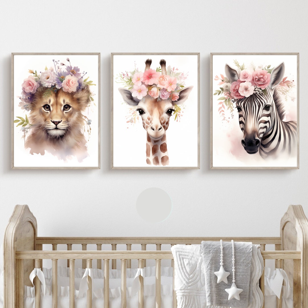 Safari Friends Watercolor Kids' Room Decor Set of 3 - Lion, Zebra ...