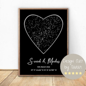 May include: A black and white print of a heart-shaped constellation with the names "Sarah & Markus" and the date "13th March 2022" below. The coordinates "39° 17' 45.636" N 76° 31' 52.788" W" are also included. The text "Design Art by Sarah" is in a circle with five stars below.