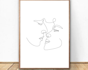 Abstract Couple One Line Drawing, Minimalist Love Print, Lovers Line Art, Romantic Bedroom Art, Minimal Love Poster, Hug Print, Kissing Art