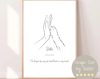 Puede incluir: Ilustración en blanco y negro de una mano dando un high five a una pata. El texto "Bella 2004-2022 No longer by my side, but forever in my heart" está debajo de la imagen.
