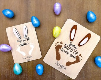 Easter Footprint Art | Some Bunny Loves You | First Easter | Baby Toddler Kids Easter Craft | DIY | Wood Keepsake