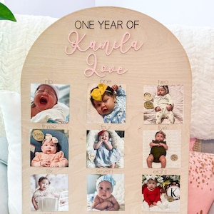 Un an de, photos d’étape mensuelles de bébé, tableau d’images du premier anniversaire, décor en bois du premier anniversaire, affichage de photos d’anniversaire, 3D personnalisé