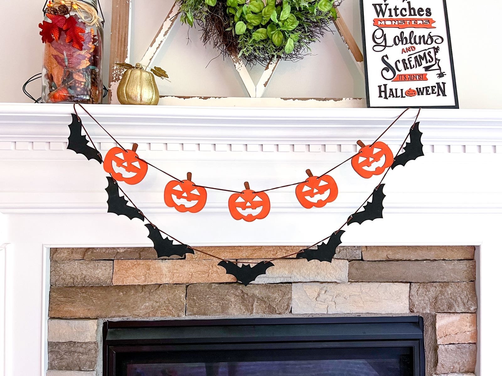 Jack-o-lantern Ghirlanda di Halloween / Decor Mantello autunnale / Swag di Halloween / Decor di Halloween spettrale / Ghirlanda di zucca di legno