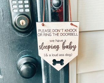 Please Do Not Knock Sign-Sleeping Baby Sign-Dogs Will Bark Sign-Doorbell Sign-No Soliciting Wood Sign